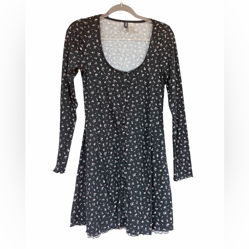 Floral Black Y2K Stretchy Comfy Front Button Black Dress